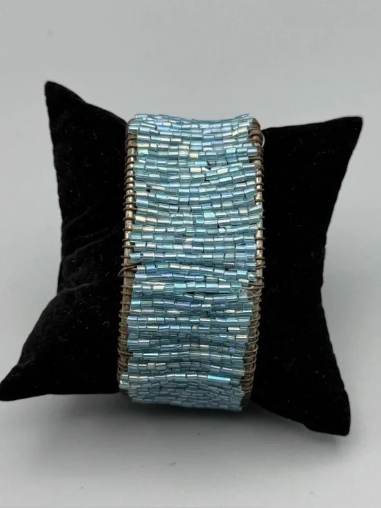 Handmade Turquoise Beaded Cuff Bracelet Wire Wrapped 6.75” x 1”