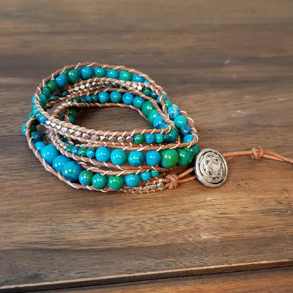 Leather Wrap Adjustable Beaded Bracelet Necklace