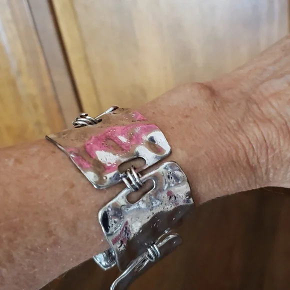 Silver Tone Hammered Square Link Chunky Bracelet