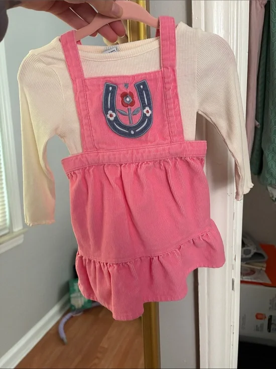 Old Navy Pink Corduroy Pinafore Dress with Cream Top