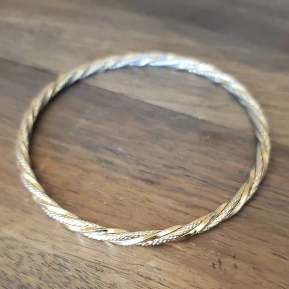 Elegant Entwined Gold and Silver Twisted Two Tone Bangle Bracelet