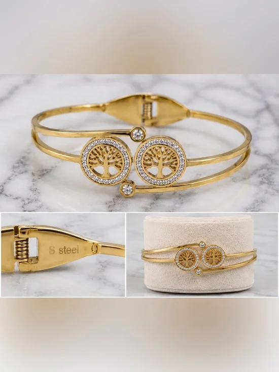 18K Gold Filled Tree of Life Hinged Bangle Bracelet | AAA CZ | Stainless Steel |