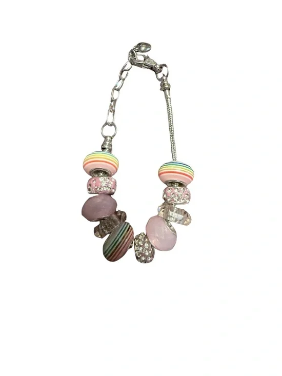 Rainbow Stripe & Pink Bead Charm Bracelet