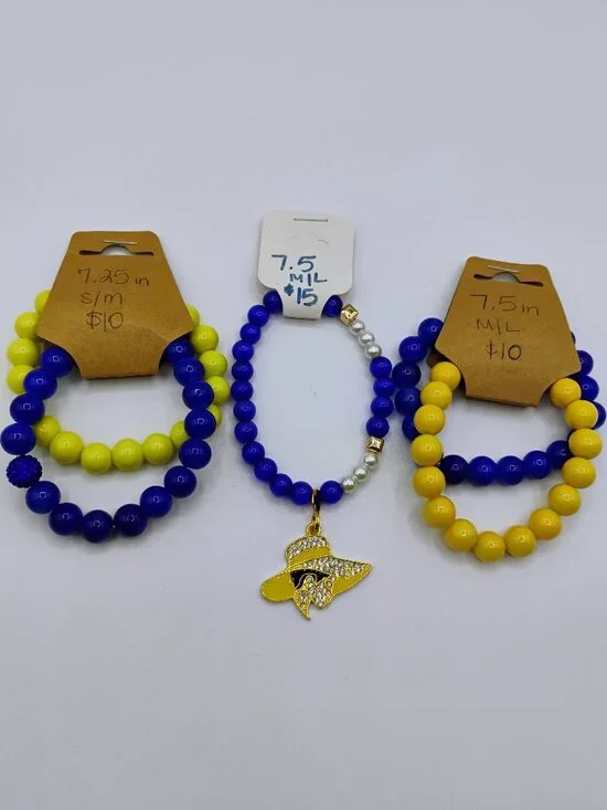 Blue & gold beaded bracelets - 5 pieces, new, medium & large