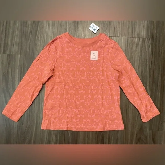 Old Navy Girls Coral with pink Gingerbread print Long Sleeve Shirt size 3T-NWT