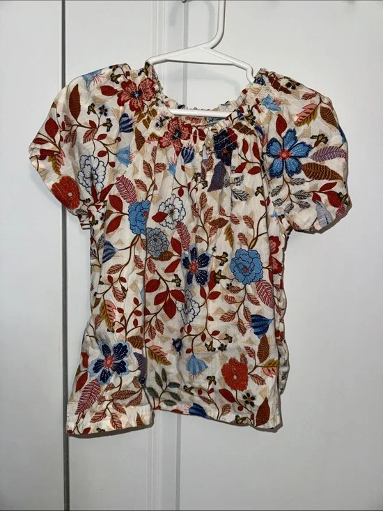 Old Navy Cream Floral Puff-Sleeve Blouse with Blue & Rust Flowers