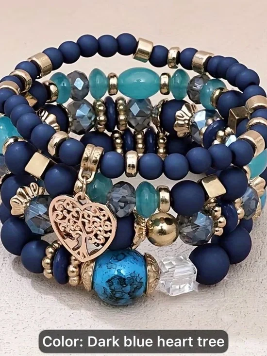 Handmade European & American dack Bule Beaded Heart Tree Bracelet Stack