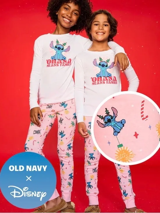 Old Navy Pink & White Disney Stitch 'Ohana Kids Pajama Set medium/girls 8