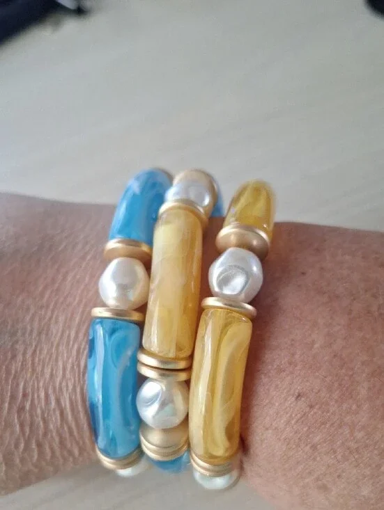 Blue and Yellow Pearl Accent Stretch Bracelet