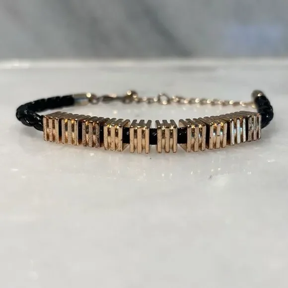 Vtg Zara Braided Rope Leather Cord Linked Square Disc Bracelet Goldtone Black OS
