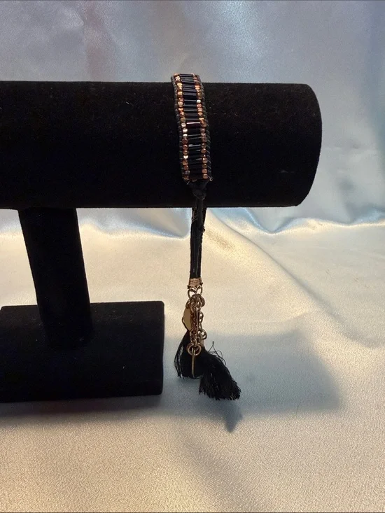 Source Unknown Black and Gold Tassel Wrap Bracelet