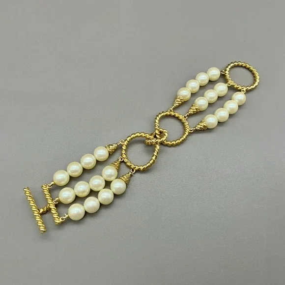 Vintage Richelieu Bracelet Womens Gold Tone Faux Pearl Multi Strand 7.5 Inches
