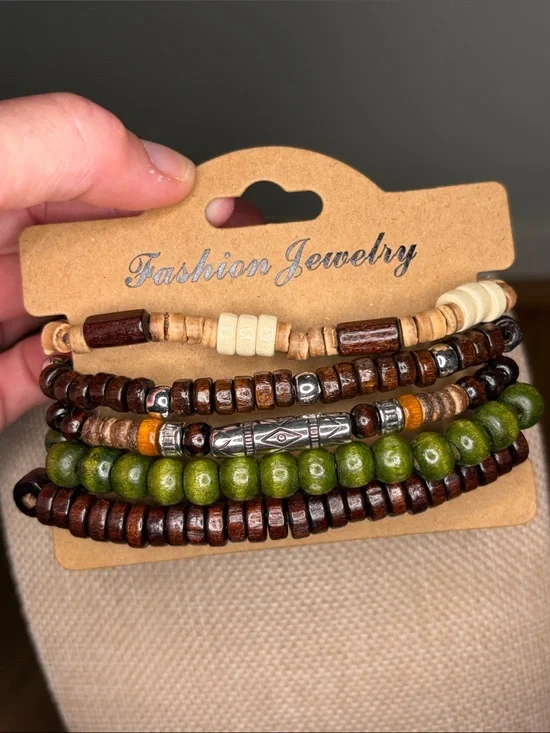 Boho Layered Wooden Bead Bracelet Set — Green & Brown