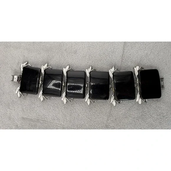 Vintage Thermoset Bracelet Silver‎ Tone Black Wide Chunky MCM  7