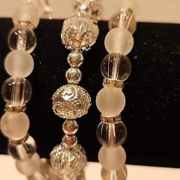 3 Angel, Cross, Clear & Frosted Glass & Rhinestone Stretch Beaded Bracelets