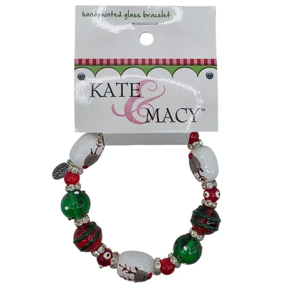 Kate & Macy Bracelet Glass Beads Christmas-Themed Hand Painted Stretch NEW‎