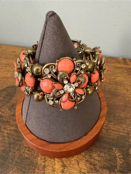 Victorian Revival Coral Floral Stretch Bracelet Rhinestone Antiqued Gold Chunky
