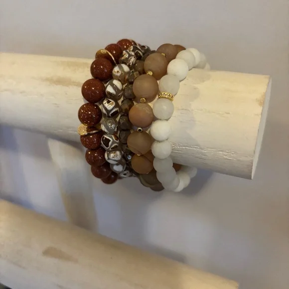Handmade Etched Agate Goldstone Czech Glass Bracelet Stack Set of 5 NWT