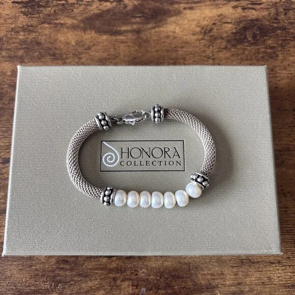 Honora Sterling & White Freshwater 7.8mm Semi Round Pearl Mesh Bracelet 7.25