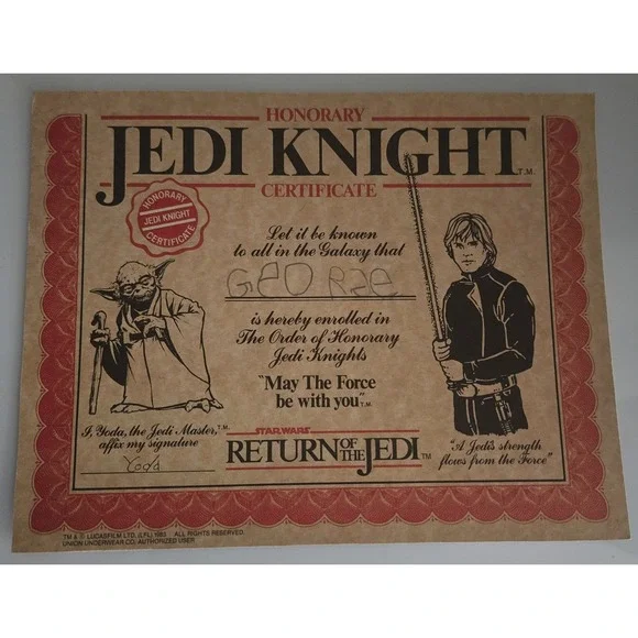 1983 JEDI KNIGHT CARDBOARD HONORARY CERTIFICATE , YODA AND LUKE