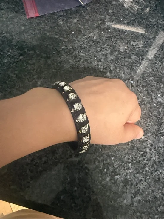 Black Leather Bracelet with Clear Crystal Accents