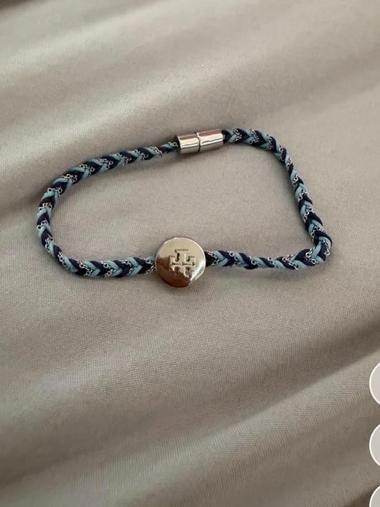 Tory Burch Braided Cord Logo Bracelet in Navy and Light Blue magnetic clasp