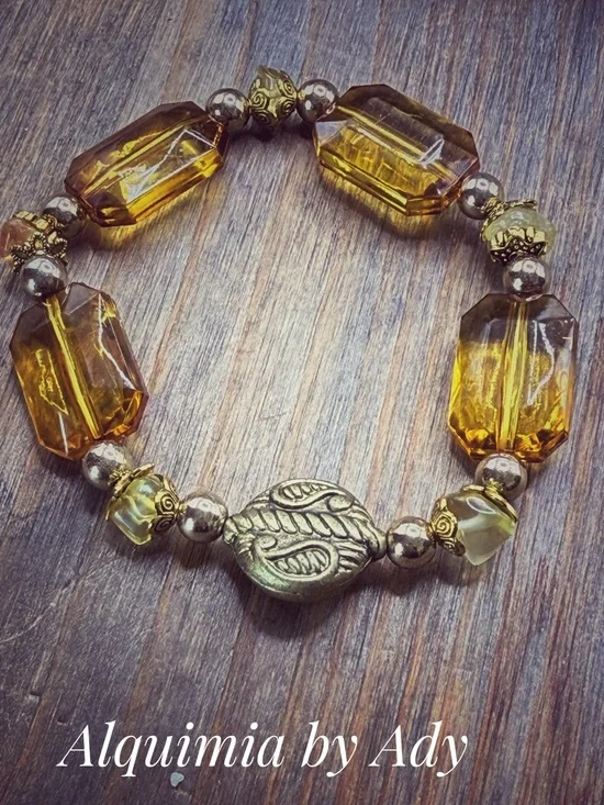 OVERSIZED Honey Amber Glass and Gold Accent Stretch Bracelet + CITRINE
