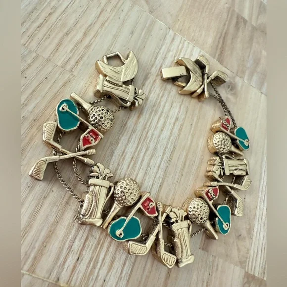 Vintage gold tone golf charm slider bracelet