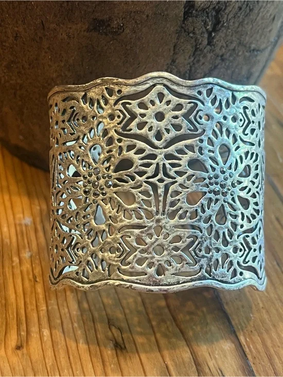 Lucky Brand Silver Filigree Floral Cuff Bracelet with Black Crystals