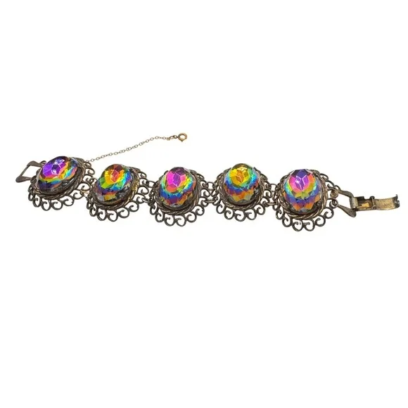 Vintage Watermelon Brass Filigree Statement Link Bracelet with safety‎ chain