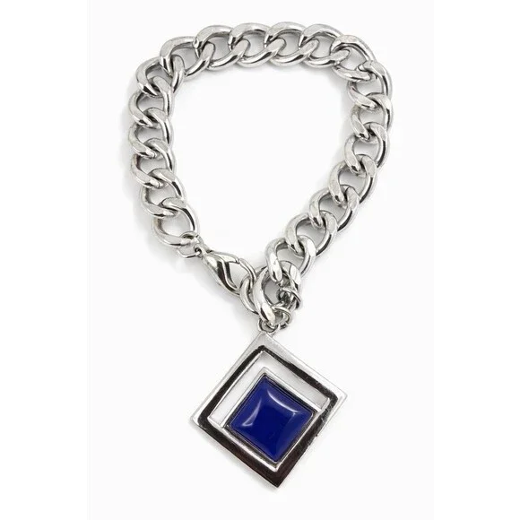 Vintage 90s Silver Tone Chunky Chain Bracelet Lapis Blue Geometric Charm Y2K