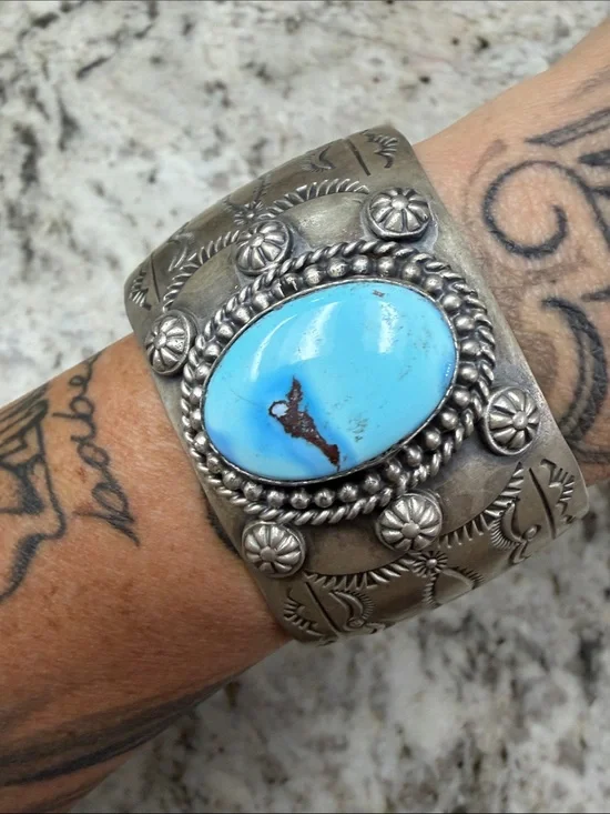 Sterling and Golden Hills Turquoise Statement Cuff Bracelet