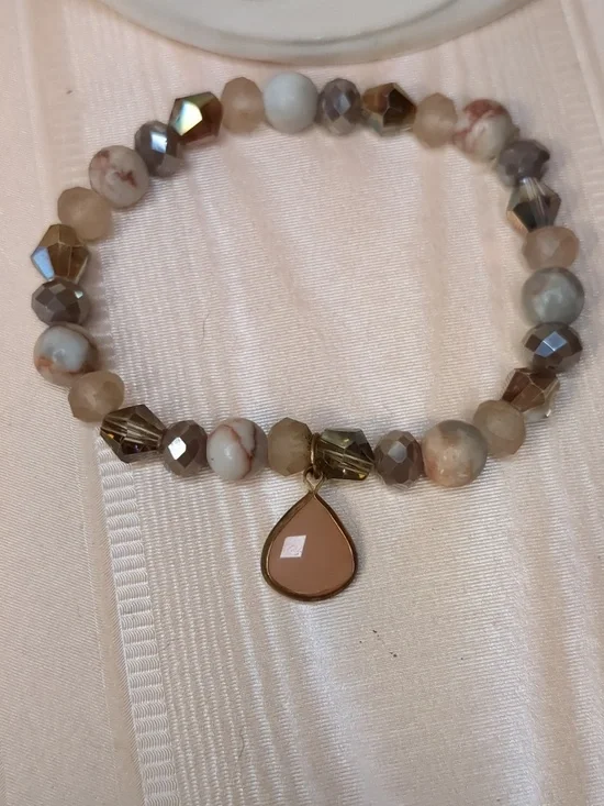 Boho Natural Stone Bracelet W/ Dangle Charm Peach Silver Grey Neutrals Stretchy