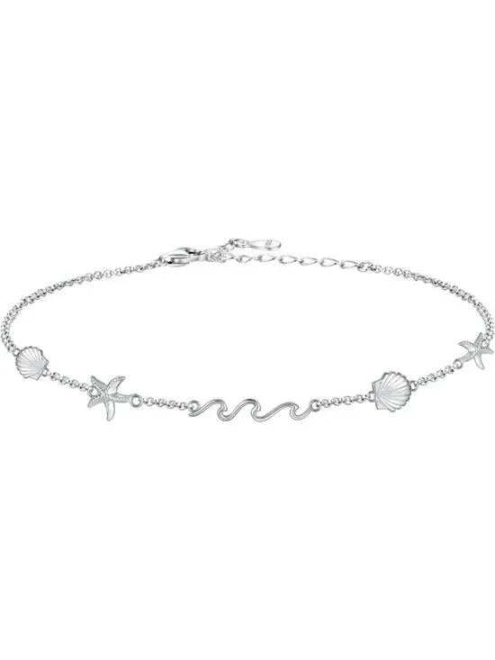 Sterling Silver Ocean Wave Shell Anklet, Sea Starfish Ankle Bracelet, Summer