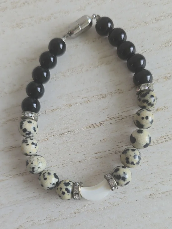 Handmade Dalmatian Jasper & Black Bead Crescent Bracelet