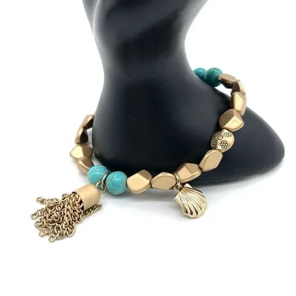Turquoise and Gold Beads Stretch Bracelet with Tassel and Shell Decor