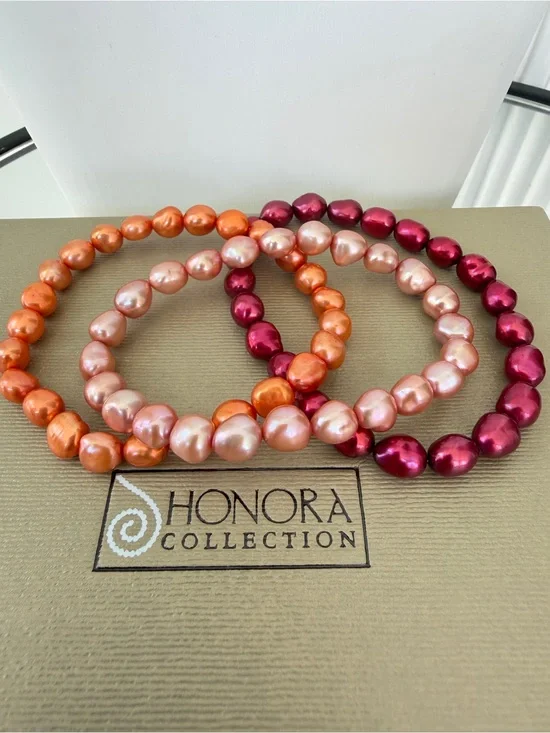 NWOT 7” Honora red, orange, champagne dyed freshwater pearl stretch bracelets!