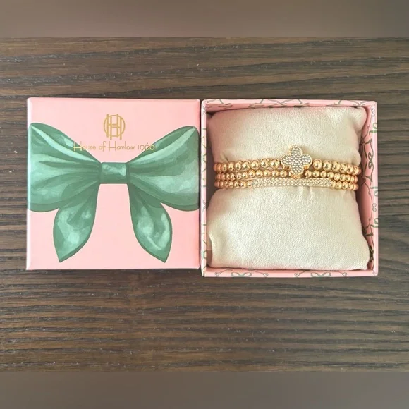 NEW House of Harlow 1960 stretch beaded gold bracelet set