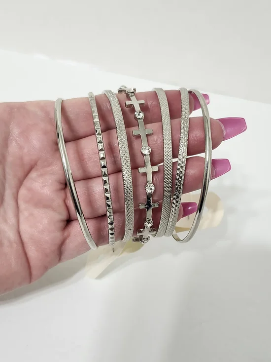 Silver Tone Cross and Rhinestone Bangle Bracelet Set 7 Pieces Large Casual Work