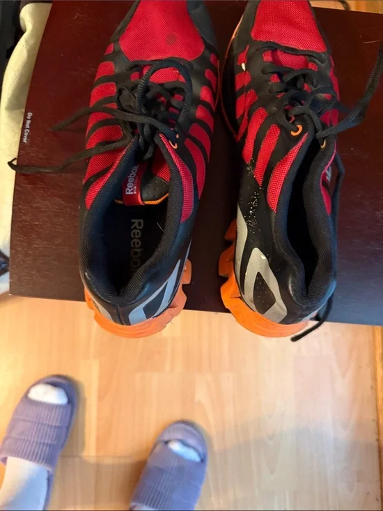 Reebok Red and Black Athletic Sneakers with Orange Soles