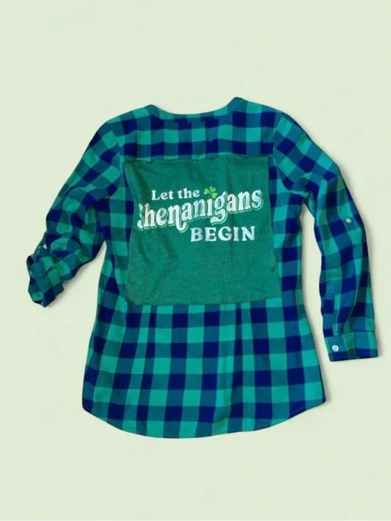 Upcycled Old Navy Fitted Plaid 'Let the Shenanigans Begin' Top Small