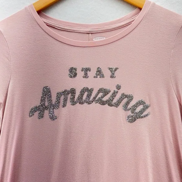Old Navy Girls Size XL‎ 14 Pink Glitter Stay Amazing Graphic Long Sleeve Top