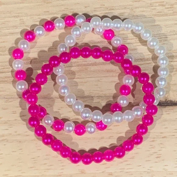 Hand Crafted‎ Pink and White Bracelet Set Of 3 Faux Pearl Beaded Stretch Barbie