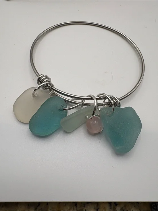 Sea Glass Charm Bangle Bracelet - Teal & Seafoam