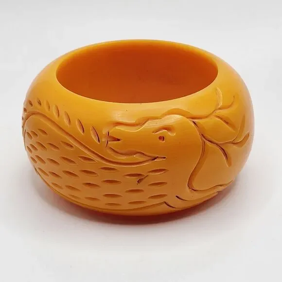 Vintage Huge Orange Galalith Heavy Carved Wide Bangle Bracelet Dragon Casien