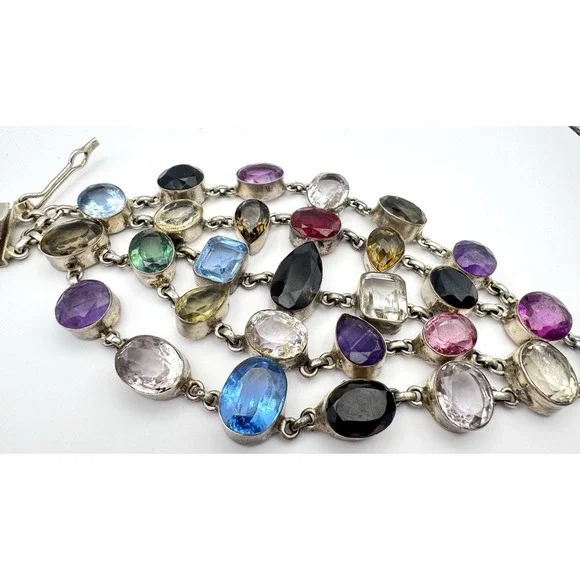 Sterling Silver 925 Massive Multi Gemstone Wide Statement Bracelet 109.5g Fit 7