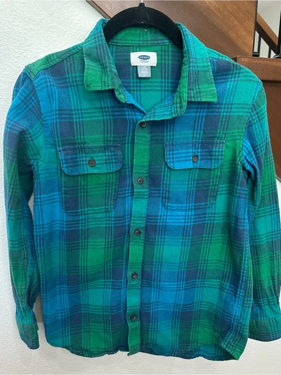 Boys Old Navy Blue and Green Plaid Button-Down Shirt