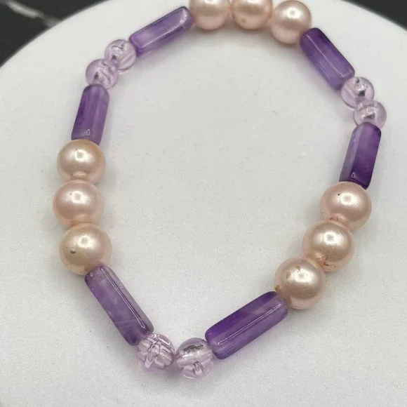 Vintage Purple Plastci Peal‎ Glass Beads Pink & Amethyst-Toned Classic Stretch