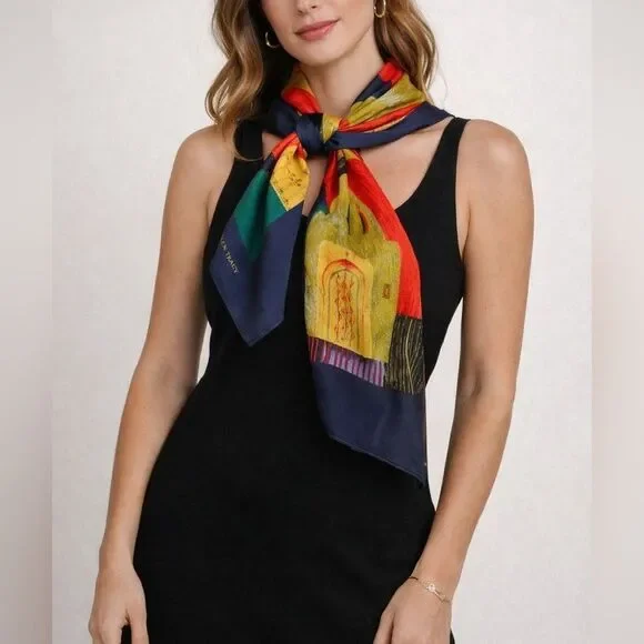 Ellen Tracy 100% Silk Scarf Abstract Colorblock Print Hand Rolled 33.5 x 34