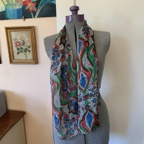Vintage Paisley‎ Floral Silk Chiffon Sheer Scarf Green Blue Red 51x19